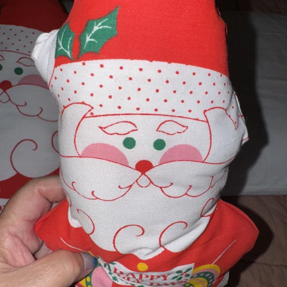 2 Vtg Fabric Handmade Stuffed Santa Pillows For Chair Or Shelf